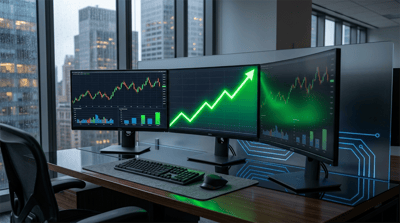 A dual-monitor trading workstation displays candlestick stock charts with a green upward-trending arrow overlay.