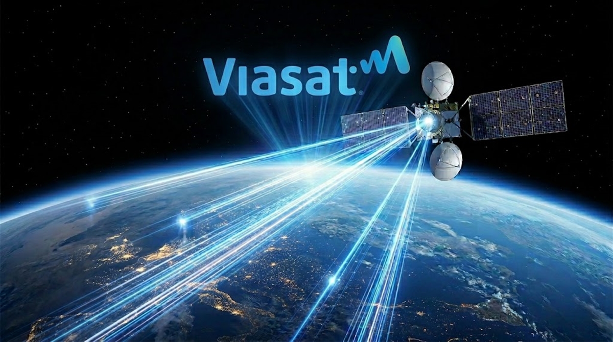 Viasat logo above a rendered satellite beaming signals toward Earth from orbit.