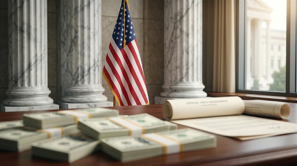 Stacks of US currency and an official document sit on a desk in a government chamber.