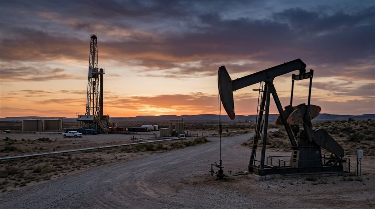 An oil pump jack and drilling rig stand on an arid plain at sunset.