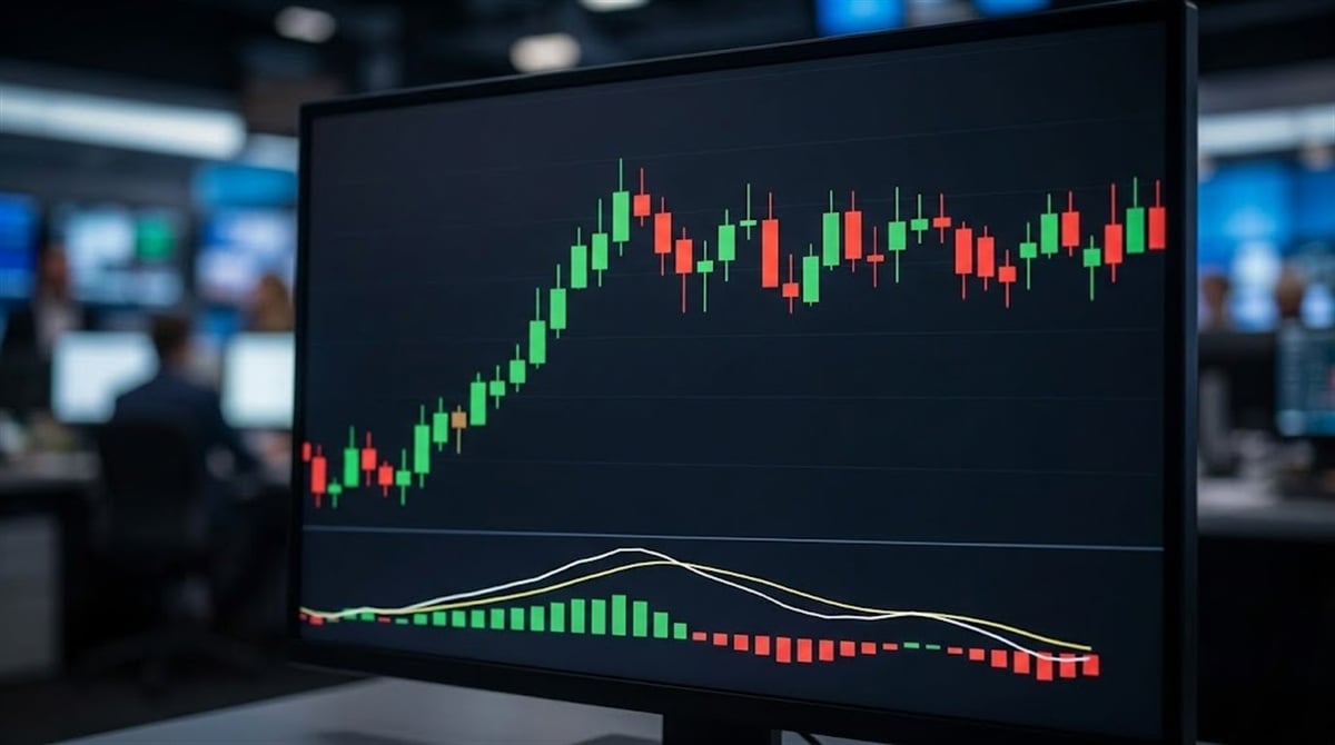 A candlestick stock price chart with a MACD indicator displayed on a trading floor monitor.
