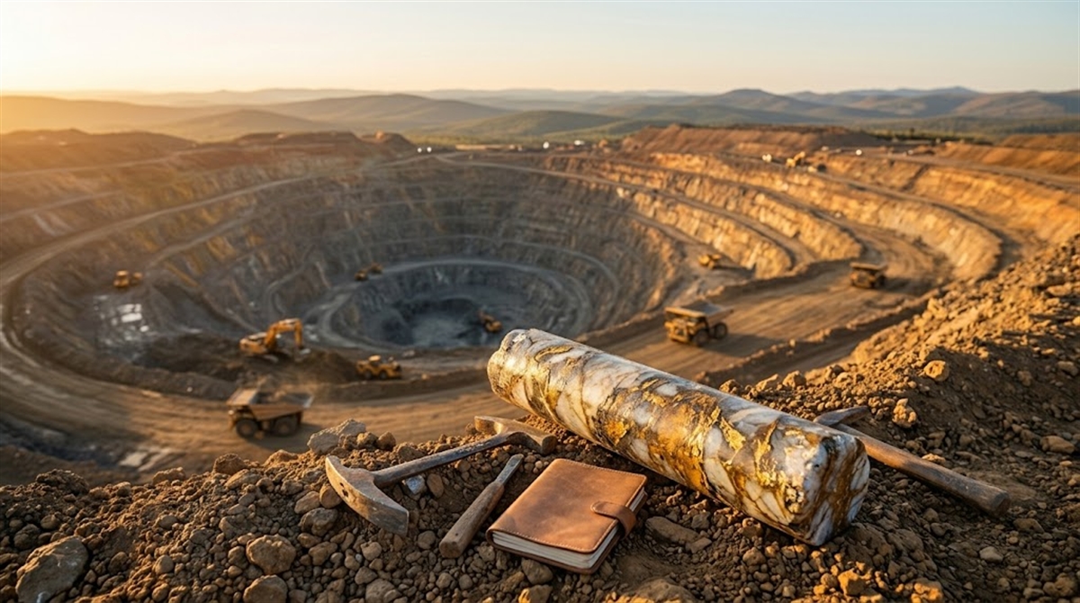 An open-pit mine with heavy equipment is shown alongside a gold-veined rock core sample and field tools.