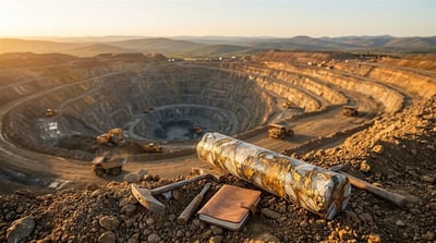 An open-pit mine with heavy equipment is shown alongside a gold-veined rock core sample and field tools.