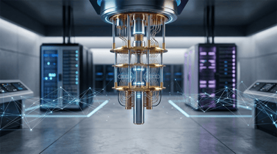 A rendered quantum computer processor suspended in a data center environment with glowing network graphics.
