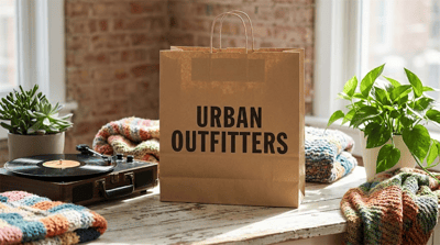 An Urban Outfitters branded paper shopping bag sits on a wooden surface beside a record player and houseplants.