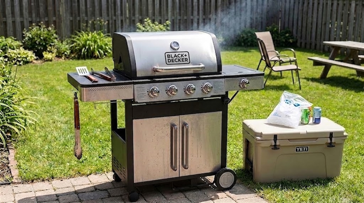 A Black+Decker gas grill and a Yeti cooler sit on a backyard patio.
