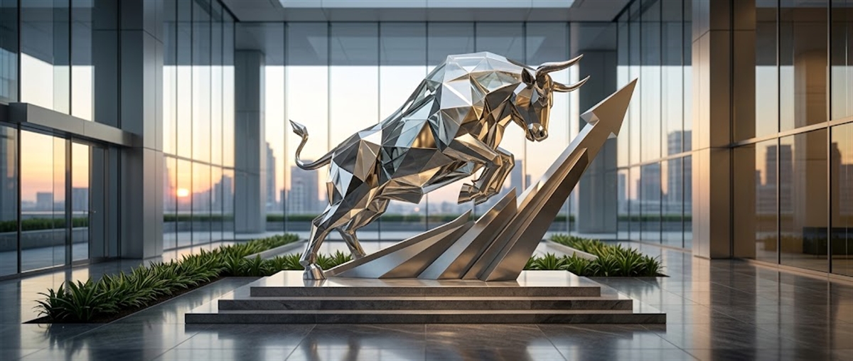 A polished geometric bull sculpture mounted on an upward-pointing arrow in a modern corporate lobby.