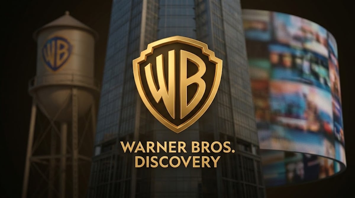 Warner Bros. Discovery logo and WB water tower displayed against a corporate building backdrop.