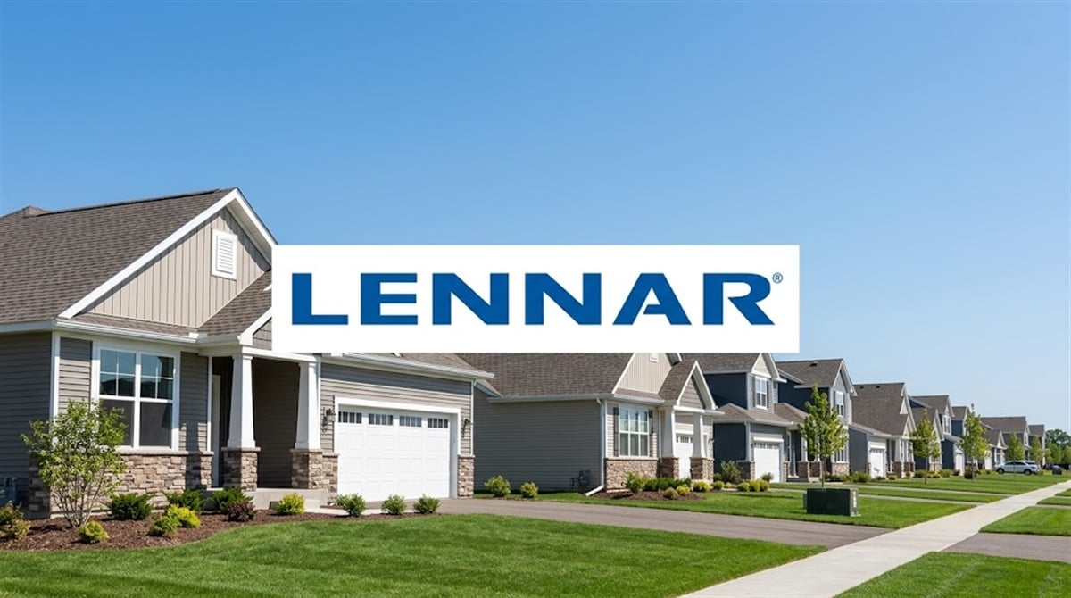 Lennar Corporation logo overlaid on a suburban residential street lined with new single-family homes.