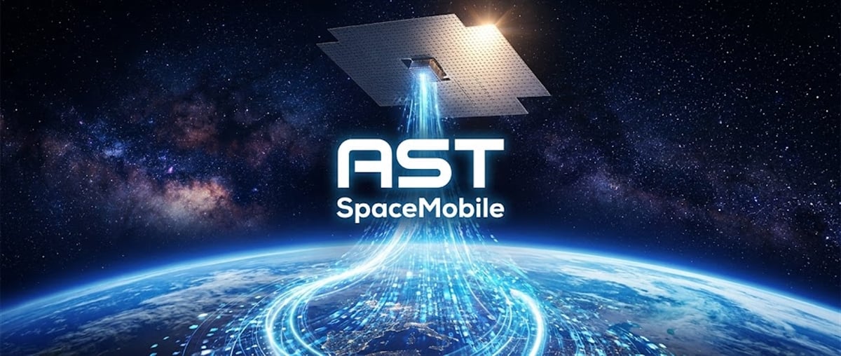 AST SpaceMobile logo displayed over a stylized illustration of a satellite beaming signals toward Earth.
