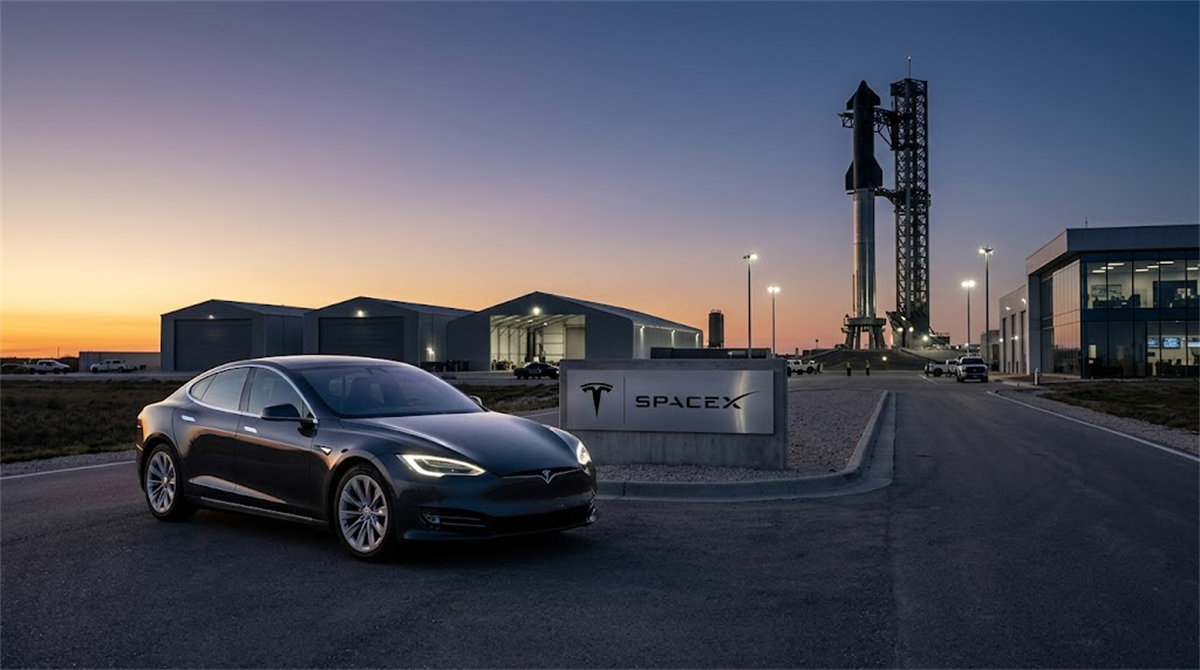 A Tesla Model S sedan parked in front of a SpaceX facility sign with a rocket on a launch pad at dusk.