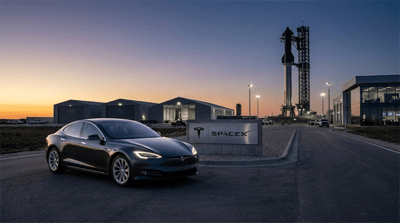 A Tesla Model S sedan parked in front of a SpaceX facility sign with a rocket on a launch pad at dusk.