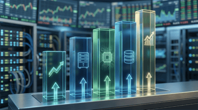 Illustration of rising glowing bar chart columns with technology icons set against a financial data screen backdrop.