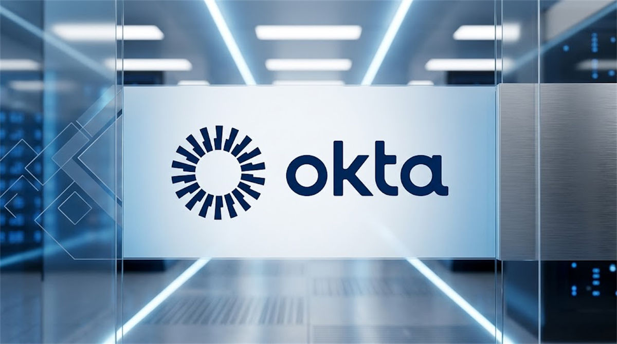 Okta logo displayed on a glass panel in a data center setting.