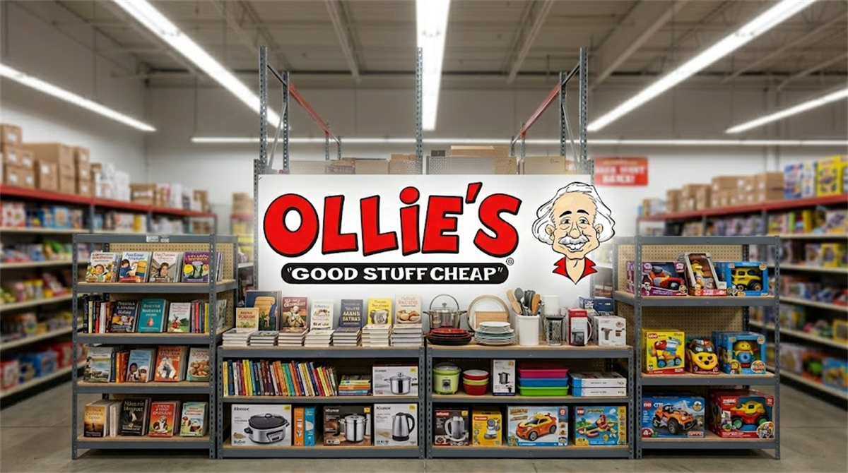 Ollie's Bargain Outlet store interior display featuring the company's "Good Stuff Cheap" logo and merchandise shelves.