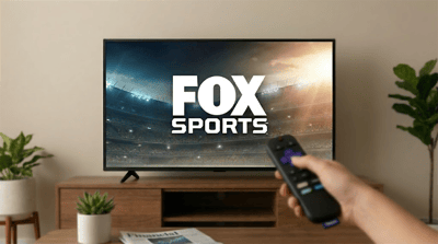 A person points a Roku remote at a television displaying the Fox Sports logo.