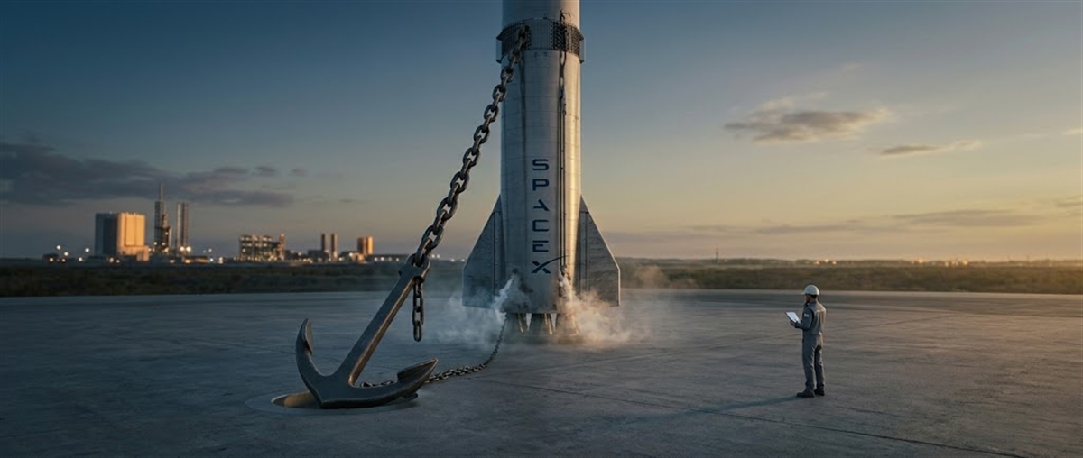 A conceptual illustration of a SpaceX rocket chained to a large anchor on a launch pad, with a technician standing nearby.