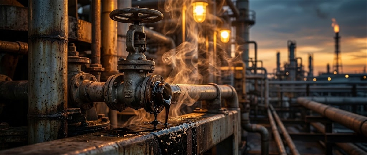 Close-up of an industrial pipeline valve with steam and oil leaking at a petroleum refinery at dusk.