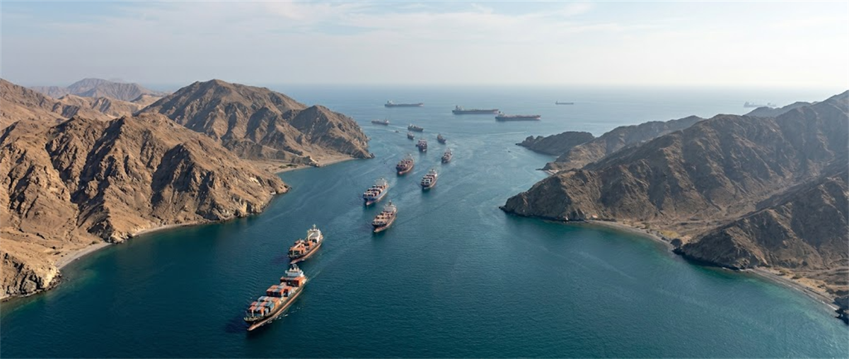Multiple container ships and tankers navigate a narrow strait flanked by arid rocky mountains.