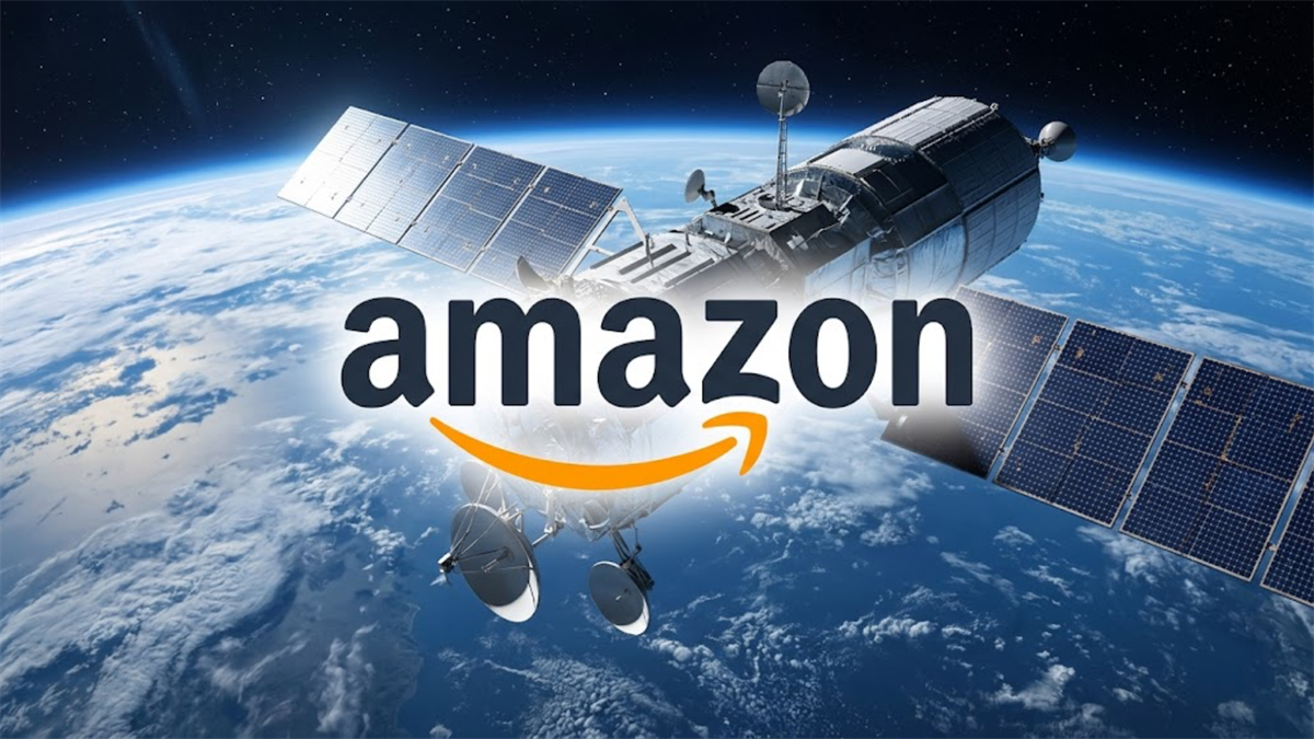 Amazon logo overlaid on an illustration of a satellite orbiting Earth.