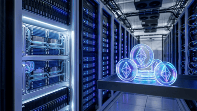 Illustration of glowing Ethereum coins stacked on a server rack inside a data center.