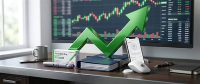 A green upward arrow, prescription drug packaging labeled Eli Lilly, and a stock market chart on a monitor.