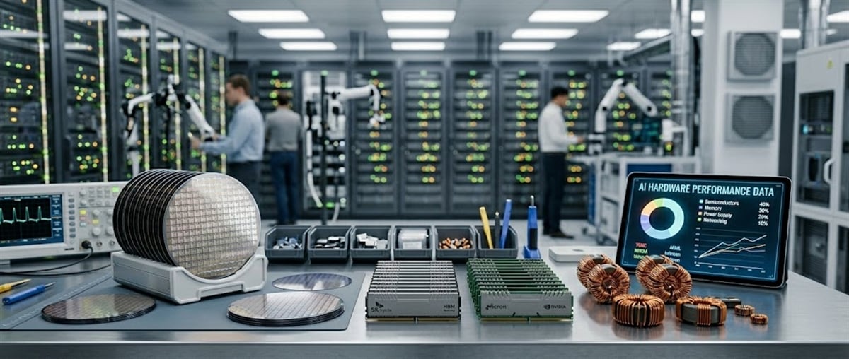 Silicon wafers, Micron and NVIDIA memory modules, and an AI hardware performance data chart sit on a lab workbench with server racks in the background.
