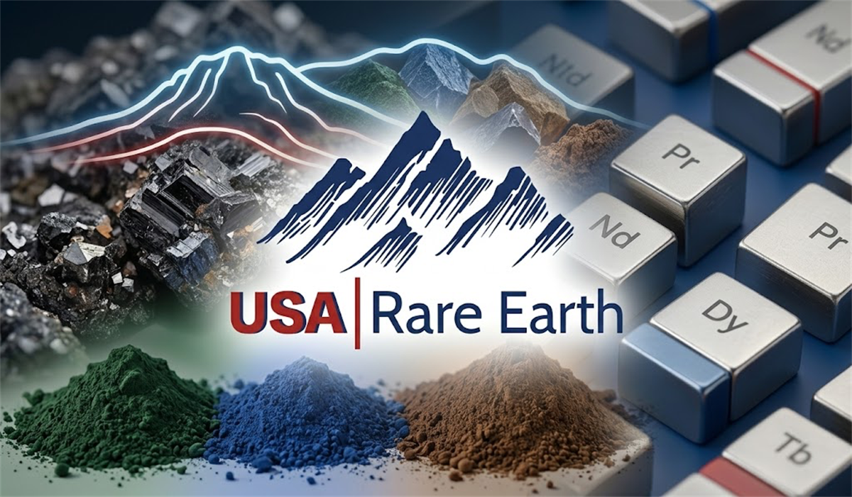 USA Rare Earth logo displayed alongside rare earth mineral samples and periodic element tiles including Nd, Pr, Dy, and Tb.