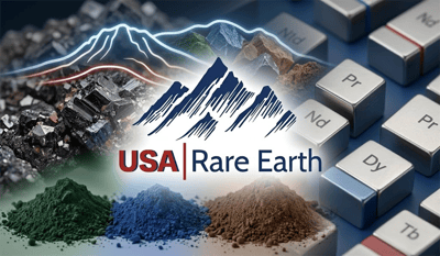 USA Rare Earth logo displayed alongside rare earth mineral samples and periodic element tiles including Nd, Pr, Dy, and Tb.