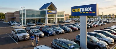 A CarMax used-car dealership lot with rows of vehicles and two people walking near the entrance.