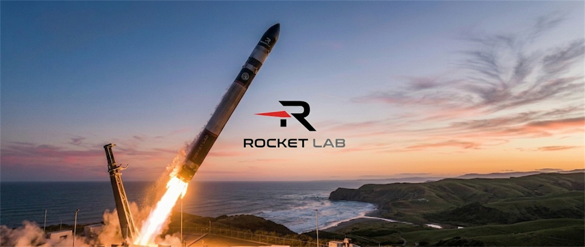 Rocket Lab logo overlaid on a photo of a rocket launching from a coastal pad at dusk.