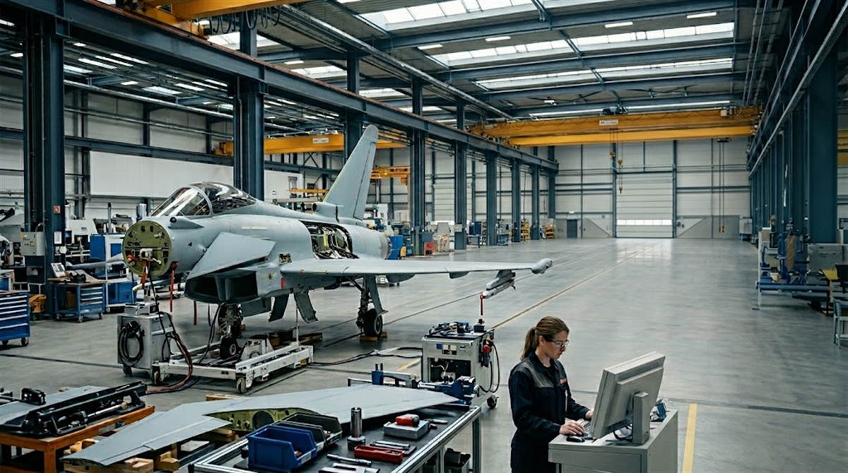 A technician works at a computer terminal inside a large military aircraft assembly facility.