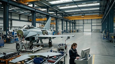 A technician works at a computer terminal inside a large military aircraft assembly facility.