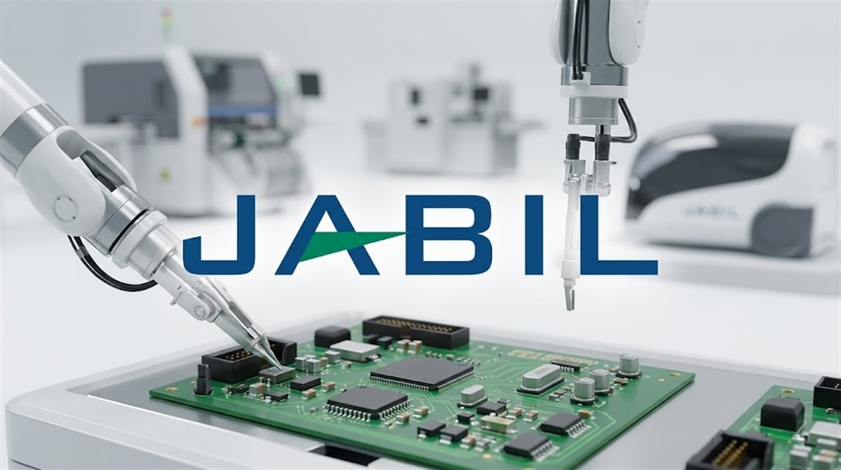 Jabil logo overlaid on robotic arms assembling a printed circuit board in a manufacturing setting.