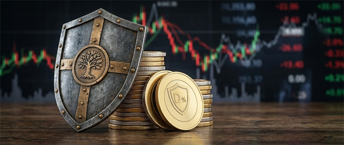 A decorative shield and stacked gold coins sit before a blurred stock market chart display.