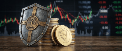 A decorative shield and stacked gold coins sit before a blurred stock market chart display.