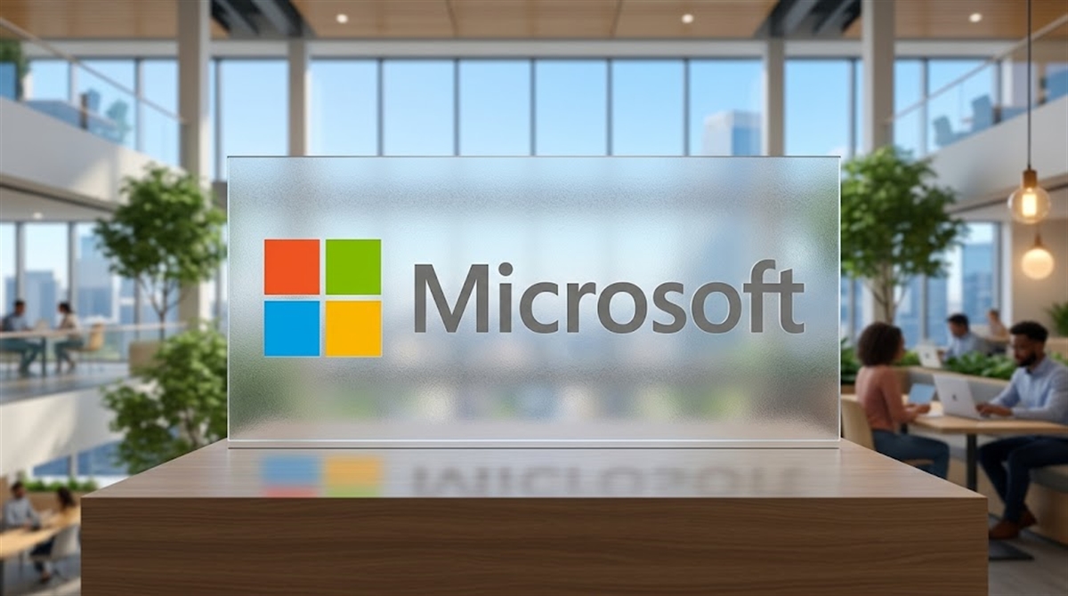 Microsoft logo displayed on a frosted glass sign at a modern corporate office reception desk.