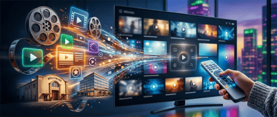 Illustrated concept showing film reels, streaming media icons, and a smart TV with a remote control.