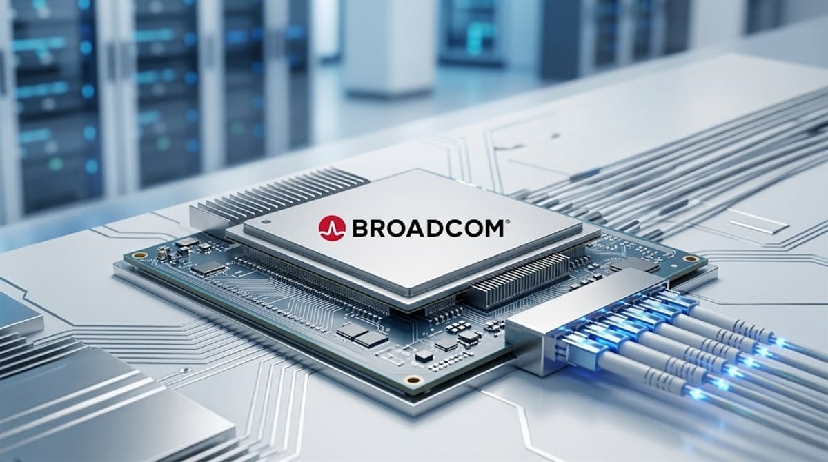 Broadcom logo displayed on a semiconductor chip mounted on a circuit board in a data center setting.