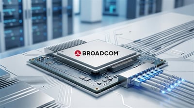 Broadcom logo displayed on a semiconductor chip mounted on a circuit board in a data center setting.