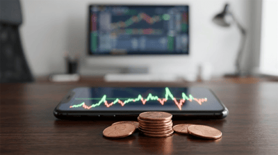 A stack of pennies sits in front of a smartphone displaying a volatile stock price chart.