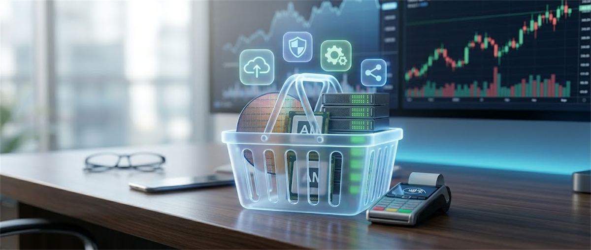 A glowing shopping basket filled with tech hardware and digital icons sits beside a stock price chart on a monitor.
