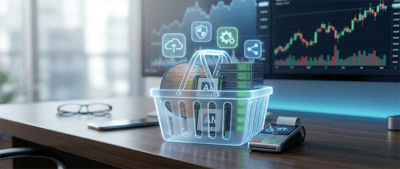 A glowing shopping basket filled with tech hardware and digital icons sits beside a stock price chart on a monitor.