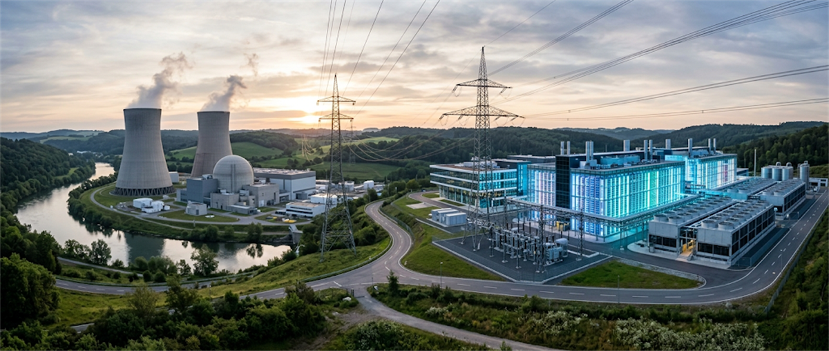 Aerial view of a nuclear power plant with cooling towers alongside a large illuminated data center facility.