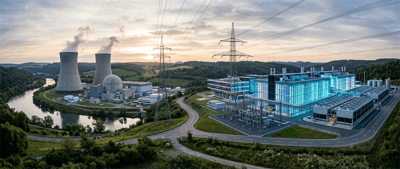 Aerial view of a nuclear power plant with cooling towers alongside a large illuminated data center facility.