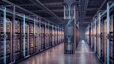 Rows of illuminated server racks line a data center corridor with overhead cable infrastructure.