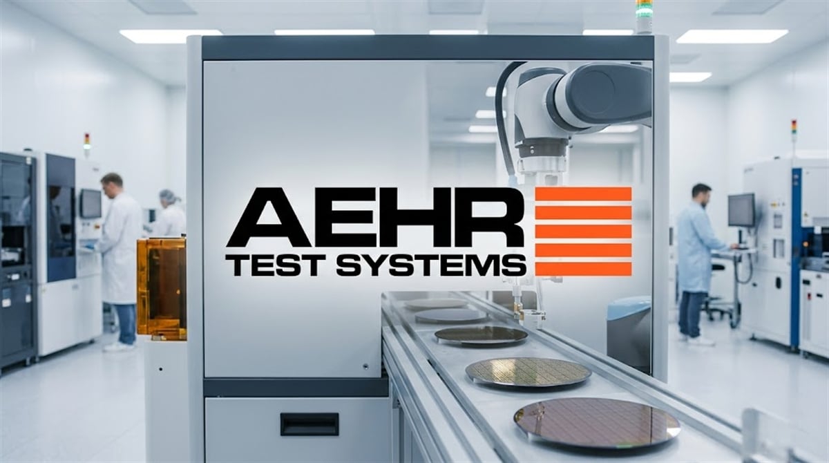 Aehr Test Systems logo overlaid on a semiconductor cleanroom with robotic equipment and wafers.