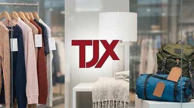 TJX Companies logo displayed alongside clothing, home goods, and bags in a retail store setting.