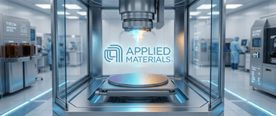 Applied Materials logo displayed in front of a semiconductor wafer inside a cleanroom fabrication tool.