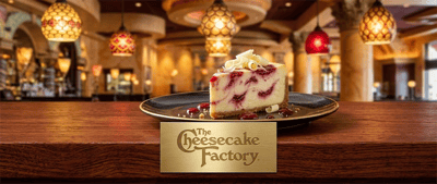 The Cheesecake Factory logo displayed in front of a slice of raspberry swirl cheesecake inside a restaurant.